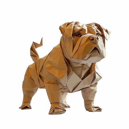 Origami dog made of crumpled paper isolated on white backgroundの写真素材