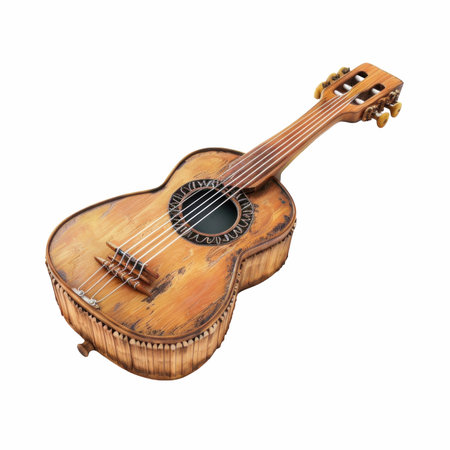 Old wooden acoustic guitar isolated on white background. 3d rendering.