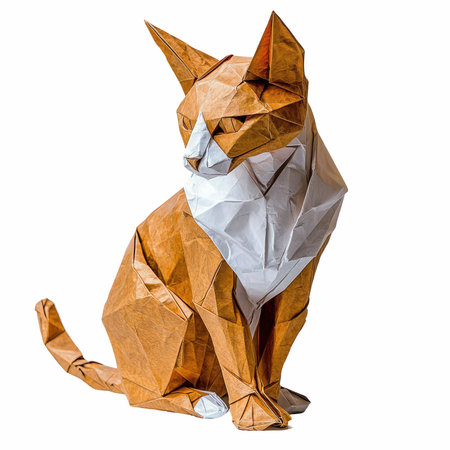Origami cat with crumpled paper isolated on white background.の写真素材