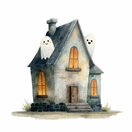 This delightful watercolor illustration features a charming little haunted house with smiling ghosts peeking out, creating a cozy yet spooky atmosphere perfect for Halloween or children&#39;s stories.の写真素材
