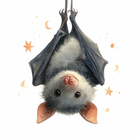 This delightful watercolor illustration features a playful bat hanging upside down, surrounded by whimsical stars and moon elements. Perfect for various creative projects!の写真素材