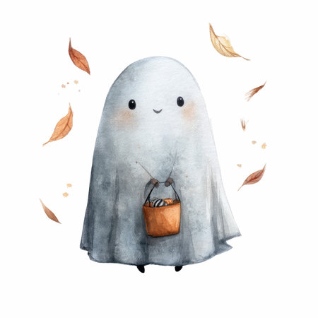 Delight in this charming watercolor illustration of a friendly ghost holding a basket and surrounded by gently falling leaves in an autumn setting.の写真素材
