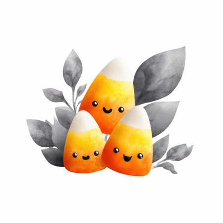 Adorable candy corn characters with cheerful smiles nestled amidst playful leaves, perfect for...