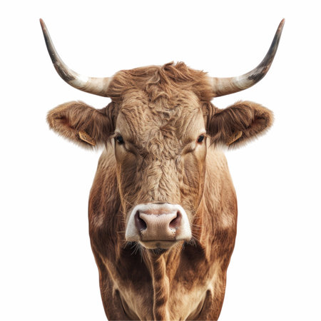 Close-up portrait of a brown cow, isolated on white background