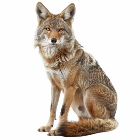 Coyote sitting in front of white background