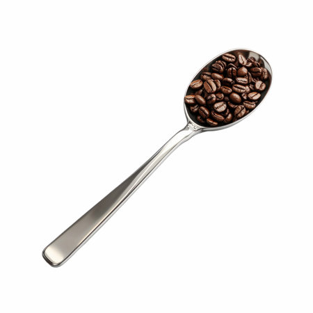 Coffee beans in spoon isolated on white background with clipping pathの写真素材