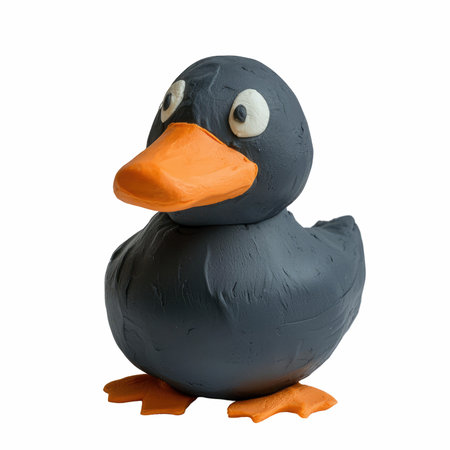 Black plastic duck toy isolated on white background. Clipping path included.の写真素材