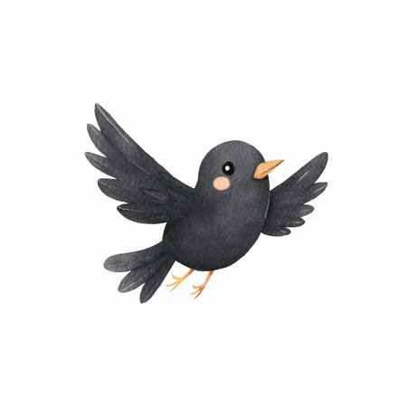 This charming watercolor illustration features a cute black bird in mid-flight, perfect for Halloween themes or children&#39;s art.の写真素材