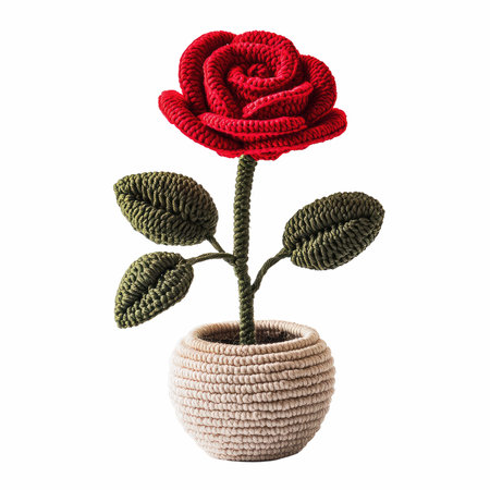 Handmade crocheted rose in a pot isolated on white backgroundの写真素材