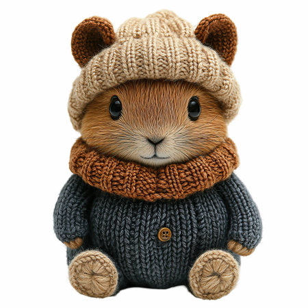 Cute handmade toy squirrel in knitted hat isolated on white background