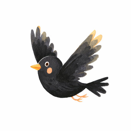 Explore this adorable watercolor clipart of a black bird, joyfully soaring with outstretched wings.の写真素材