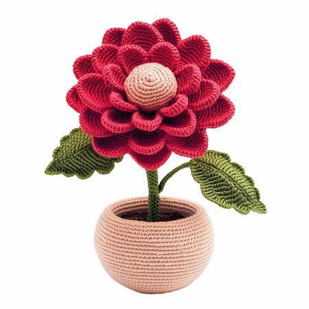 Handmade crocheted flower in a pot isolated on white backgroundの写真素材