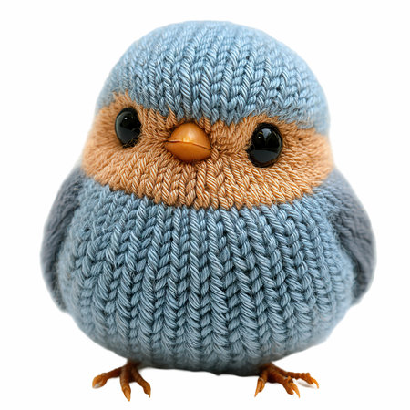 Cute little bird in blue knitted hat isolated on white backgroundの写真素材