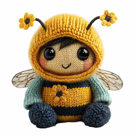 Handmade knitted toy bee. Isolated on white background.の写真素材