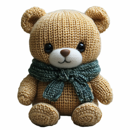 handmade knitted teddy bear with scarf isolated on white background