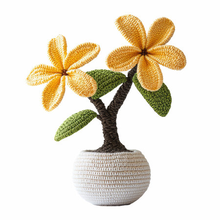 Handmade crocheted flower in pot isolated on white background.の写真素材