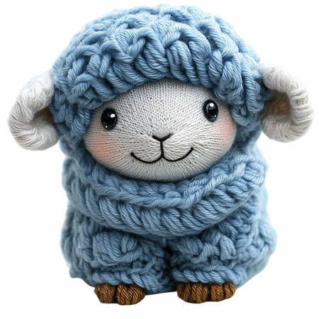 Handmade woolen toy sheep in a blue knitted hat isolated on white backgroundの写真素材