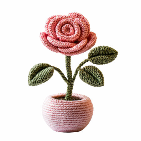 Handmade knitted flower in a pot isolated on white background.の写真素材