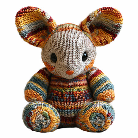 Knitted animal toy with a striped pattern isolated on a white backgroundの写真素材
