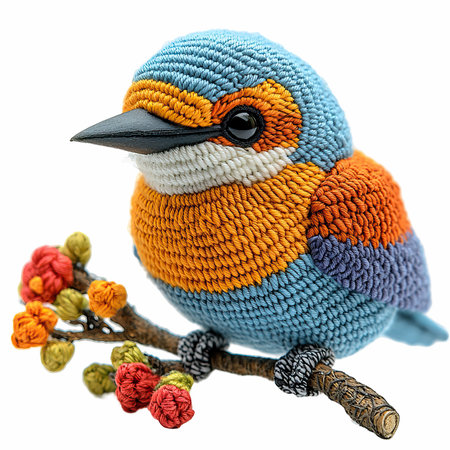 Handmade knitted toy bird on a branch with flowers isolated on white backgroundの写真素材