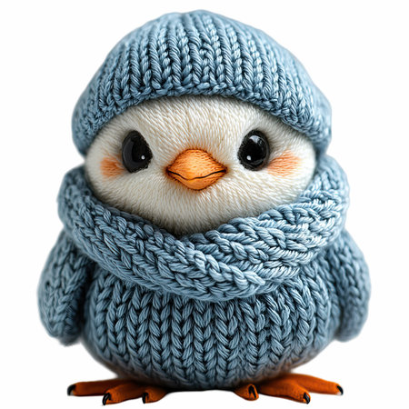 Cute penguin in knitted hat isolated on white background.の写真素材