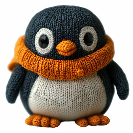 Handmade knitted toy penguin isolated on a white background.の写真素材