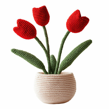 Handmade crocheted red tulips in a pot isolated on white backgroundの写真素材