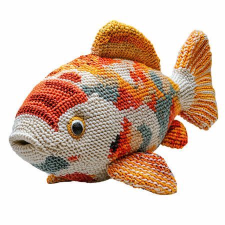 Fish knitted toy isolated on white background. Clipping path included.の写真素材