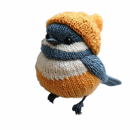 Cute little bird in a knitted hat isolated on white backgroundの写真素材
