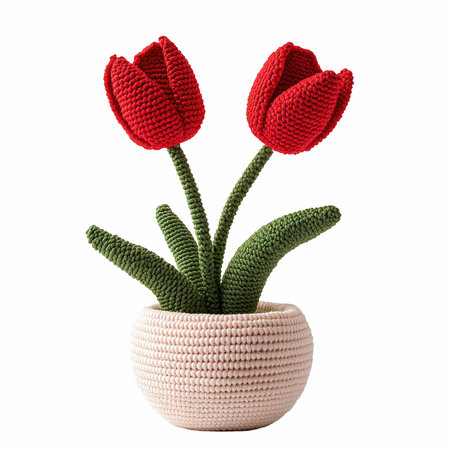 Handmade crocheted tulips in a pot isolated on white backgroundの写真素材