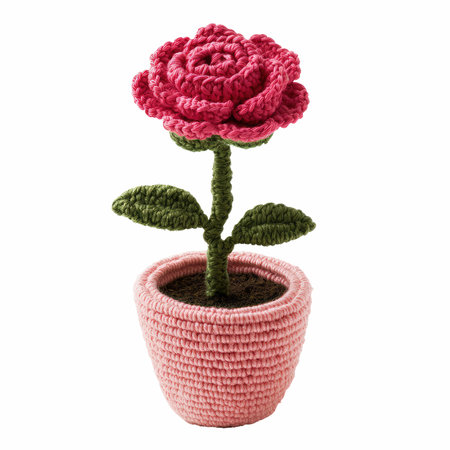 Handmade crocheted flower in a pot isolated on white backgroundの写真素材