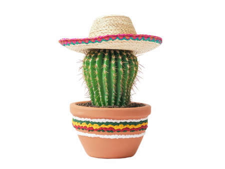 Cactus with sombrero in flowerpot isolated on white backgroundの写真素材