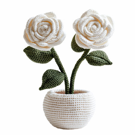Handmade knitted white roses in a pot isolated on white backgroundの写真素材