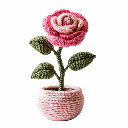 Handmade knitted flower in a pot isolated on white background.の写真素材