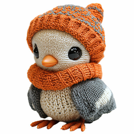 Knitted toy penguin in a hat and scarf isolated on white background