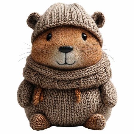 Cute little hamster in knitted hat and scarf isolated on white backgroundの写真素材