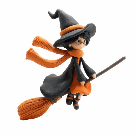 A Halloween witch with a broomstick isolated on a white background.の写真素材