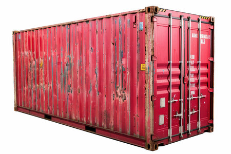 This isolated red shipping container on a white background offers a versatile image for various industrial, shipping, and logistics needs. Perfect for showcasing transport concepts.の写真素材