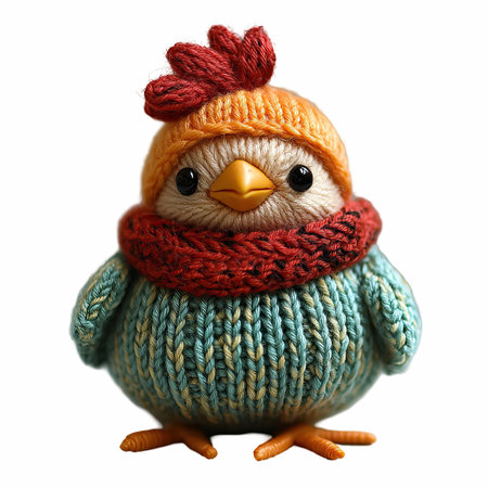 Cute little chicken in knitted hat and scarf isolated on white backgroundの写真素材
