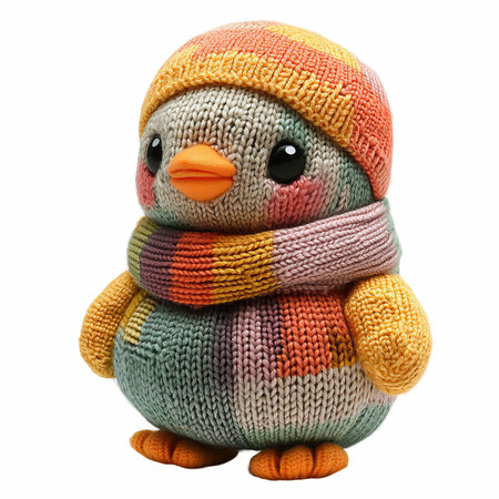 Cute toy penguin in a knitted hat isolated on white backgroundの写真素材
