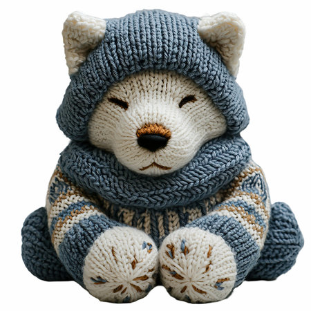 Teddy bear in a knitted hat isolated on white background.の写真素材