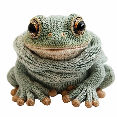 Frog in a knitted scarf isolated on a white background.