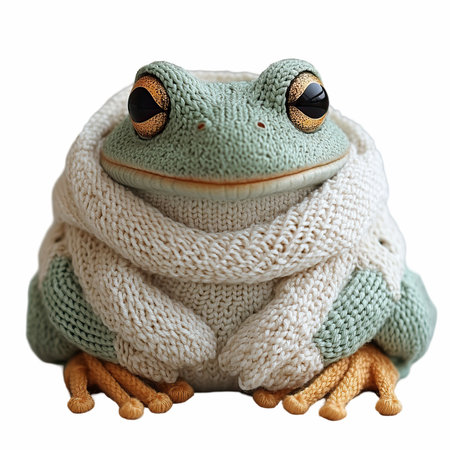Frog with a knitted scarf isolated on a white background.の写真素材