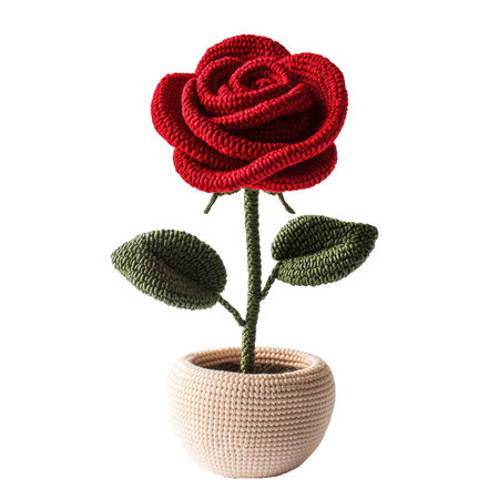 Handmade crocheted red rose in a pot isolated on white backgroundの写真素材