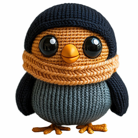 Cute cartoon penguin in a knitted hat isolated on white backgroundの写真素材