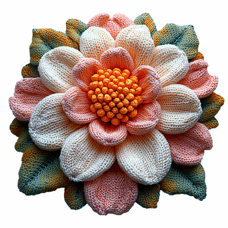 Handmade knitted flower isolated on white background. Clipping path included.の写真素材