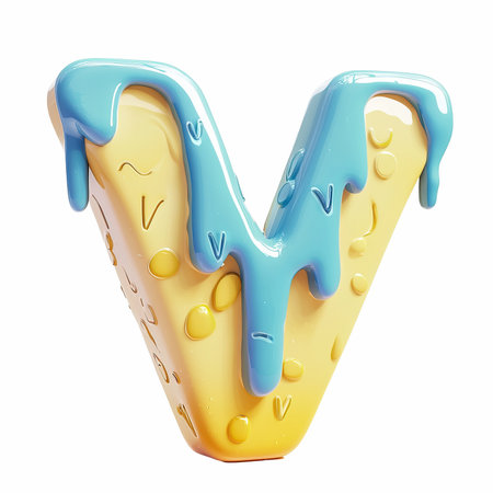 Melted blue and yellow font Letter V 3D render illustration isolated on white backgroundの写真素材