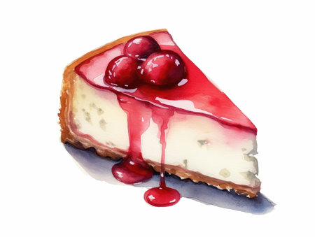 Watercolor illustration of a piece of cheesecake with cherry sauce.の写真素材