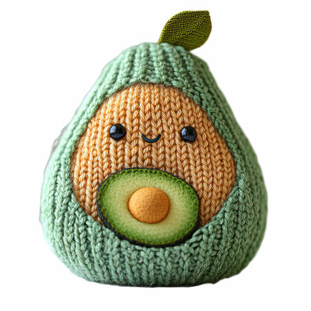 Handmade knitted toy avocado isolated on white background