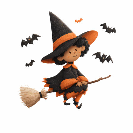 Halloween Witch with broomstick isolated on white background 3d illustrationの写真素材